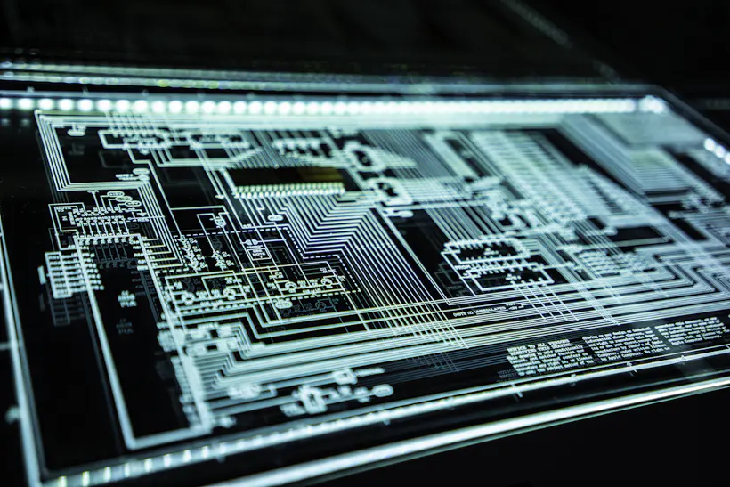 Glowing interconnected circuit traces, representing a network of transactions